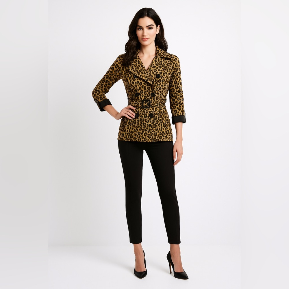 🆕 Divided | Vintage Leopard Print Double-Breasted Short Trench Coat With Belt